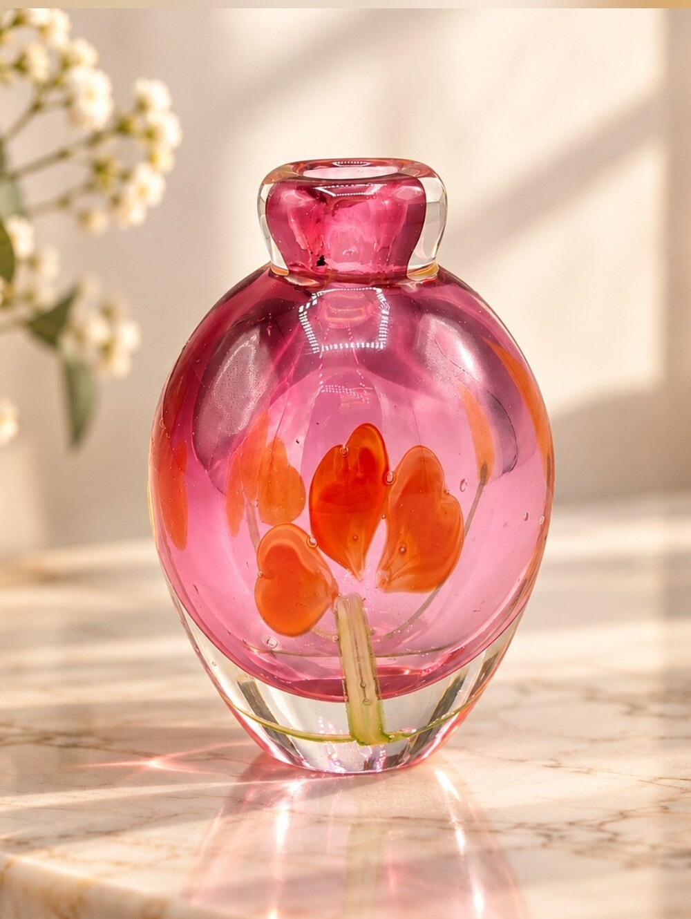 Gorgeous Designs Pink Art Glass Bud Vase Floral Orange Yellow Flowers 4"